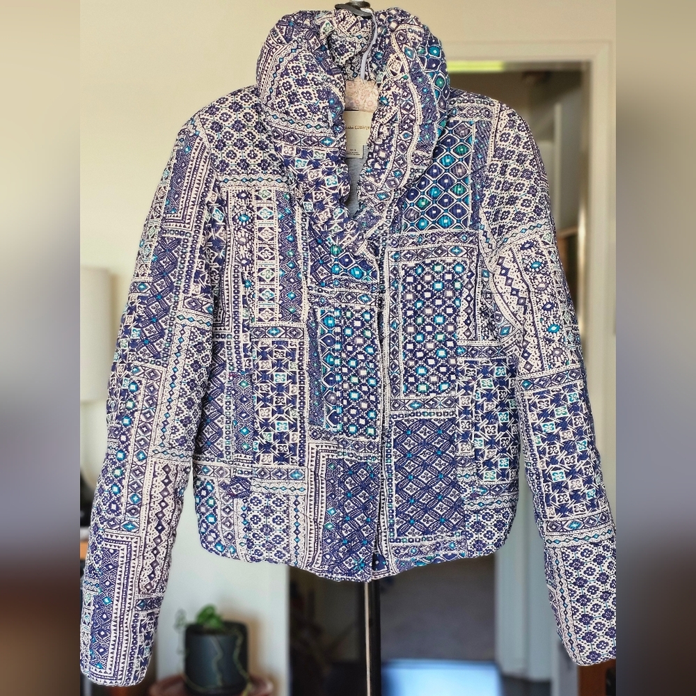 Pilcro And The Letterpress Blue Printed Corduroy Puffer Jacket
